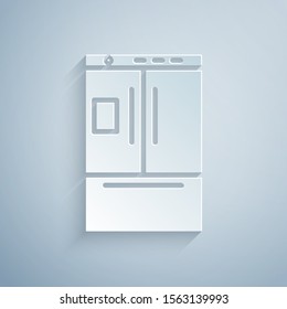 Paper cut Refrigerator icon isolated on grey background. Fridge freezer refrigerator. Household tech and appliances. Paper art style. Vector Illustration