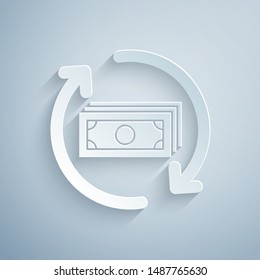 Paper cut Refund money icon isolated on grey background. Financial services, cash back concept, money refund, return on investment, savings account. Paper art style. Vector Illustration