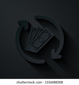 Paper cut Refund money icon isolated on black background. Financial services, cash back concept, money refund, return on investment, savings account. Paper art style. Vector Illustration