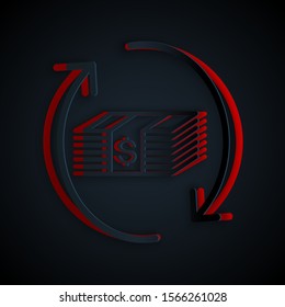 Paper cut Refund money icon isolated on black background. Financial services, cash back concept, money refund, return on investment, savings account. Paper art style. Vector Illustration
