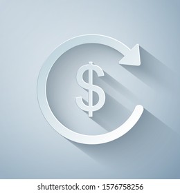 Paper cut Refund money icon on grey background. Financial services, cash back concept, money refund, return on investment, savings account, currency exchange. Paper art style. Vector Illustration