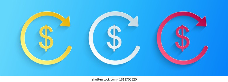 Paper cut Refund money icon isolated on blue background. Financial services, cash back concept, money refund, return on investment, currency exchange. Paper art style. Vector.