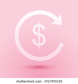 Paper Cut Refund Money Icon Isolated On Pink Background. Financial Services, Cash Back Concept, Money Refund, Return On Investment, Currency Exchange. Paper Art Style. Vector.