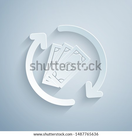 Paper cut Refund money icon isolated on grey background. Financial services, cash back concept, money refund, return on investment, savings account. Paper art style. Vector Illustration