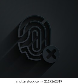 Paper cut Rejection fingerprint icon isolated on black background. Access denied for user concept. Error, fraud. Identification sign. Touch id. Paper art style. Vector