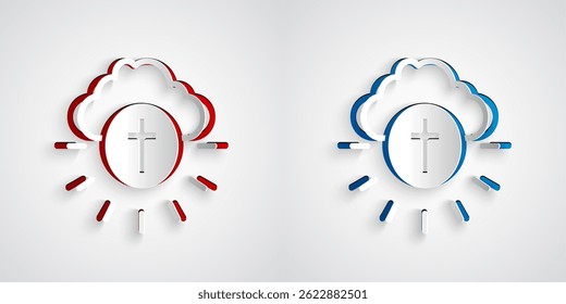 Paper cut Religious cross in the circle icon isolated on grey background. Love of God, Catholic and Christian symbol. People pray for love and peace. Paper art style. Vector