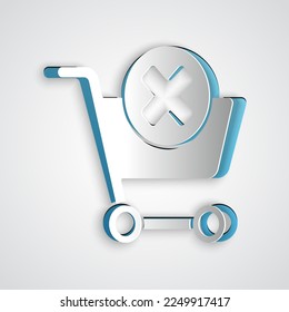 Paper cut Remove shopping cart icon isolated on grey background. Online buying concept. Delivery service. Supermarket basket and X mark. Paper art style. Vector Illustration