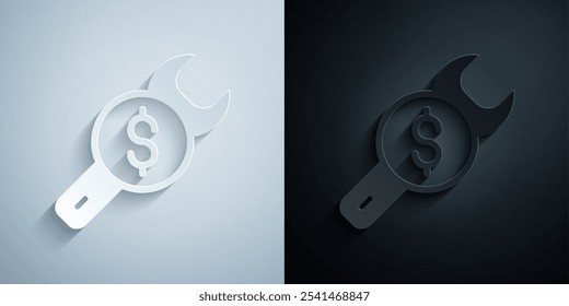 Icono de Precio de reparación de corte de papel aislado sobre fondo gris y negro. Dólar y llave inglesa. Estilo de arte de papel. Vector