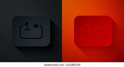 Paper cut Repeat track music player icon isolated on black and red background. The sign is a round curved arrow and the number one. Paper art style. Vector