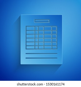 Paper cut Report file document icon isolated on blue background. Checklist icon. Business concept. Paper art style. Vector Illustration