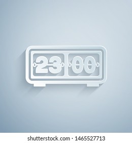 Paper cut Retro flip clock icon isolated on grey background. Wall flap clock, number counter template, all digits with flips. Paper art style. Vector Illustration