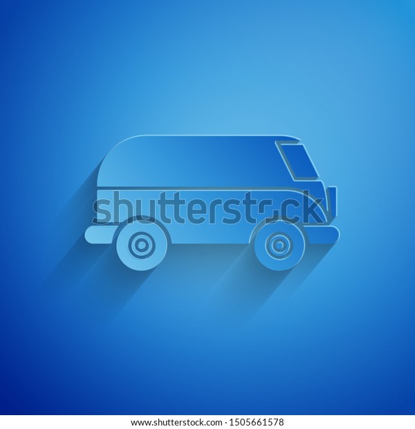 Paper cut Retro minivan icon isolated on\
blue background. Old retro classic traveling van. Paper art style.\
Vector Illustration