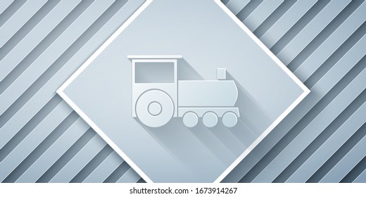 Paper cut Retro train icon isolated on grey background. Public transportation symbol. Paper art style. Vector Illustration
