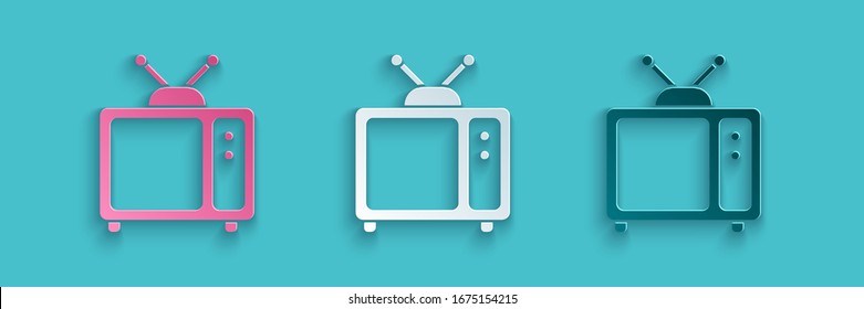 Paper cut Retro tv icon isolated on blue background. Television sign. Paper art style. Vector Illustration