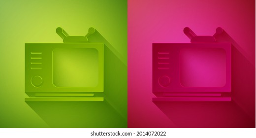 Paper cut Retro tv icon isolated on green and pink background. Television sign. Paper art style. Vector Illustration