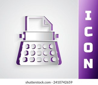 Paper cut Retro typewriter and paper sheet icon isolated on grey background. Paper art style. Vector