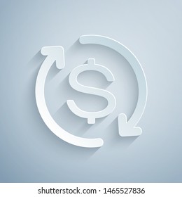 Paper cut Return of investment icon isolated on grey background. Money convert icon. Refund sign. Dollar converter concept. Paper art style. Vector Illustration
