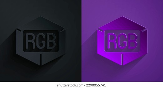 Paper cut RGB and CMYK color mixing icon isolated on black on purple background. Paper art style. Vector