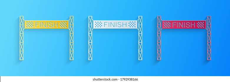 Paper cut Ribbon in finishing line icon isolated on blue background. Symbol of finish line. Sport symbol or business concept. Paper art style. Vector