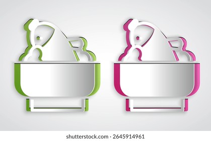 Paper cut Rice with fish in a bowl icon isolated on grey background. Traditional Asian food. Paper art style. Vector