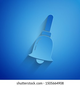 Paper cut Ringing bell icon isolated on blue background. Alarm symbol, service bell, handbell sign, notification symbol. Paper art style. Vector Illustration