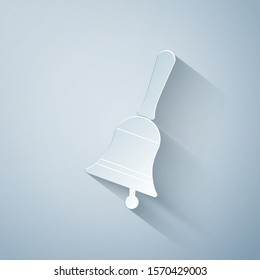 Paper cut Ringing bell icon isolated on grey background. Alarm symbol, service bell, handbell sign, notification symbol. Paper art style. Vector Illustration