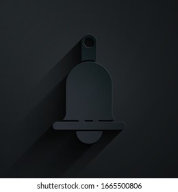 Paper cut Ringing bell icon isolated on black background. Alarm symbol, service bell, handbell sign, notification symbol. Paper art style. Vector Illustration