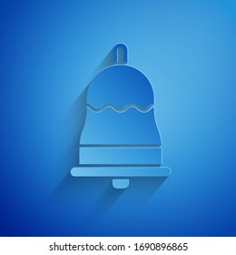 Paper cut Ringing bell icon isolated on blue background. Alarm symbol, service bell, handbell sign, notification symbol. Paper art style. Vector Illustration