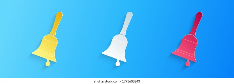 Paper cut Ringing bell icon isolated on blue background. Alarm symbol, service bell, handbell sign, notification symbol. Paper art style. Vector.
