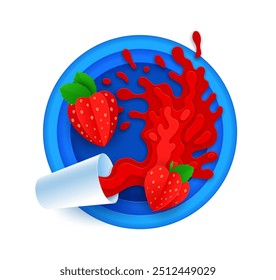 Papier schneiden reife Erdbeere und Saft spritzen für Getränke, Vektorwerbung Plakat Hintergrund. Erdbeeren-Spritztropfen und Fließwasser für Beerenaromasaft und Milchshake oder Fruchtsmoothie