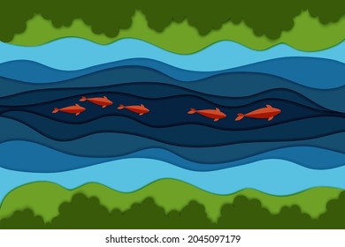 Cortar papel río y pez.Vista superior del arroyo, arbustos y bosque de la costa y verde.Concepto creativo de conservación de la naturaleza y el medio ambiente.Ilustración vectorial.