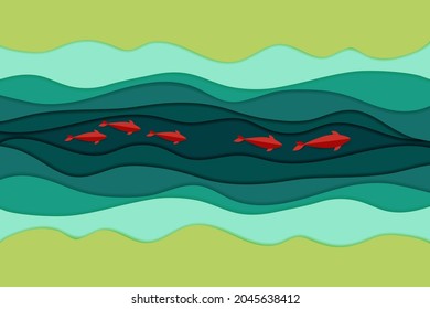Paper cut river and fish.Top view of the water stream, shore and green bushes and forest.Nature and environment conservation creative idea concept.Vector illustration.