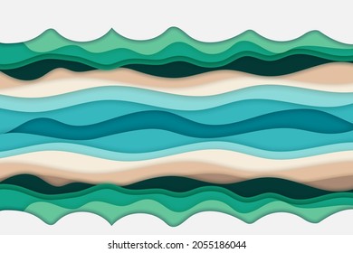 Paper cut river and jungle.Top view of the water stream, shore and green bushes and forest.Nature and environment conservation creative idea concept.Vector illustration.