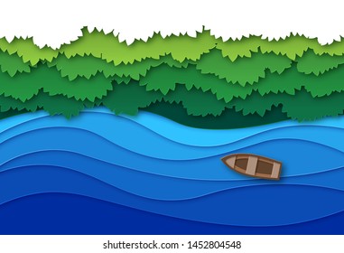 Paper cut river. Top view water stream and green tropical forest trees canopy. Creative origami natural aerial vector landscape with boat on blue summer river