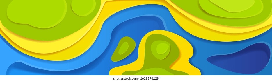 O papel cortou o relevo da topografia do rio. Ilustração vetorial do fluxo de água azul do corte de papel, areia amarela, camadas de floresta verde vista superior, textura do mapa 3d, natureza de recorte de cor brilhante, paisagem de origami abstrata