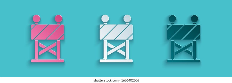 Paper cut Road barrier icon isolated on blue background. Symbol of restricted area which are in under construction processes. Repair works. Paper art style. Vector Illustration