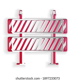 Paper cut Road barrier icon isolated on white background. Restricted area which are in under construction processes. Fence of building or repair works sign. Paper art style. Vector.