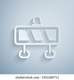 Paper cut Road barrier icon isolated on grey background. Symbol of restricted area which are in under construction processes. Repair works. Paper art style. Vector