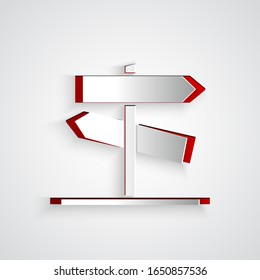 Paper cut Road traffic sign. Signpost icon isolated on grey background. Pointer symbol. Street information sign. Direction sign. Paper art style. Vector Illustration