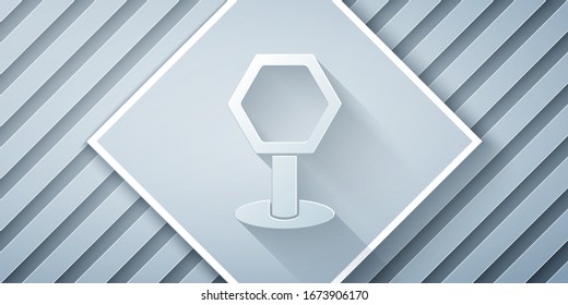 Paper cut Road traffic sign. Signpost icon isolated on grey background. Pointer symbol. Isolated street information sign. Direction sign. Paper art style. Vector Illustration