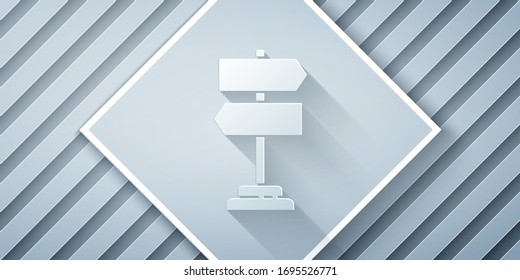 Paper cut Road traffic sign. Signpost icon isolated on grey background. Pointer symbol. Isolated street information sign. Direction sign. Paper art style. Vector Illustration