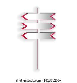 Paper cut Road traffic sign. Signpost icon isolated on white background. Pointer symbol. Street information sign. Direction sign. Paper art style. Vector.