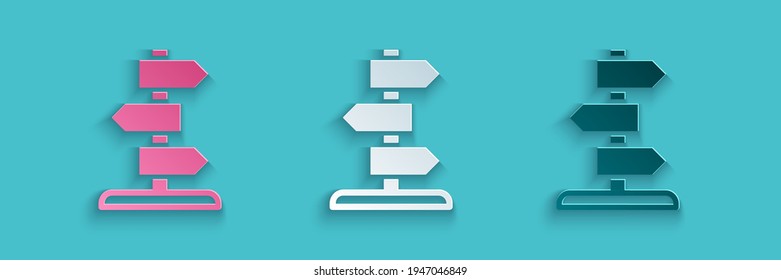 Paper cut Road traffic sign. Signpost icon isolated on blue background. Pointer symbol. Isolated street information sign. Direction sign. Paper art style. Vector