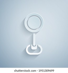 Paper cut Road traffic sign. Signpost icon isolated on grey background. Pointer symbol. Isolated street information sign. Direction sign. Paper art style. Vector