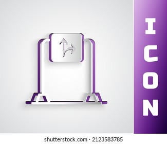 Paper cut Road traffic sign. Signpost icon isolated on grey background. Pointer symbol. Isolated street information sign. Direction sign. Paper art style. Vector