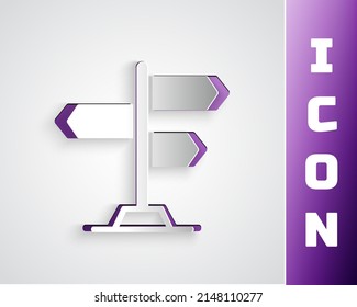 Paper cut Road traffic sign. Signpost icon isolated on grey background. Pointer symbol. Street information sign. Direction sign. Paper art style. Vector