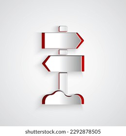 Paper cut Road traffic sign. Signpost icon isolated on grey background. Pointer symbol. Street information sign. Direction sign. Paper art style. Vector