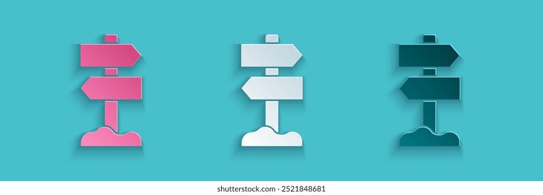 Paper cut Road traffic sign. Signpost icon isolated on blue background. Pointer symbol. Street information sign. Direction sign. Paper art style. Vector