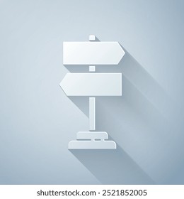 Paper cut Road traffic sign. Signpost icon isolated on grey background. Pointer symbol. Isolated street information sign. Direction sign. Paper art style. Vector Illustration