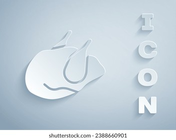 Paper cut Roasted turkey or chicken icon isolated on grey background. Paper art style. Vector